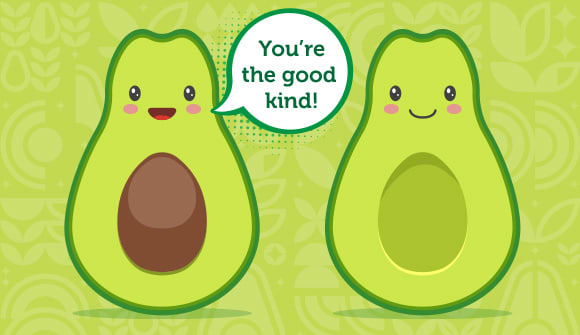 cartoon of avocados talking about healthy fats saying "you're the good kind!"