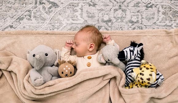 baby snuggling in a blanket, surrounded by stuffed animals