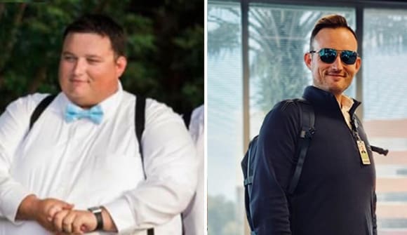Heavy man on the right and same man at a healthy weight on ther right. 