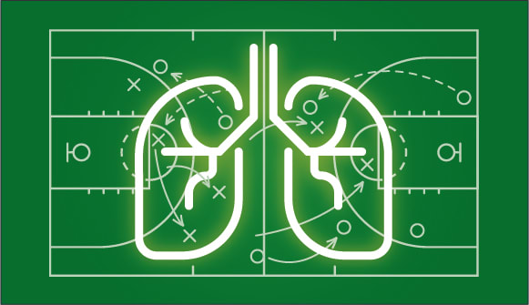 Green graphic of lungs overlaid over sports field.