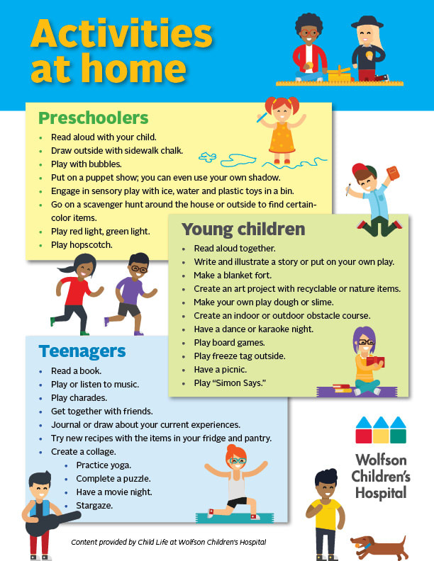infographic with ideas for activities at home for preschoolers, young children, and teenagers