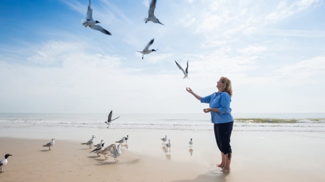patient on the beach with seagulls