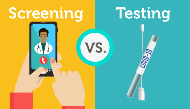 split screen graphic depicting COVID-19 screening (with a virtual doctor) vs testing (with a COVID-19 swab kit)
