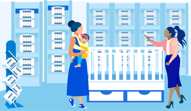 illustration of mom with baby picking out a crib