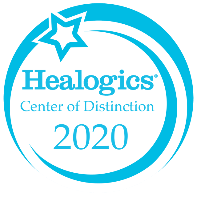 light blue and white award that says "Healogics center of Distinction 2020"