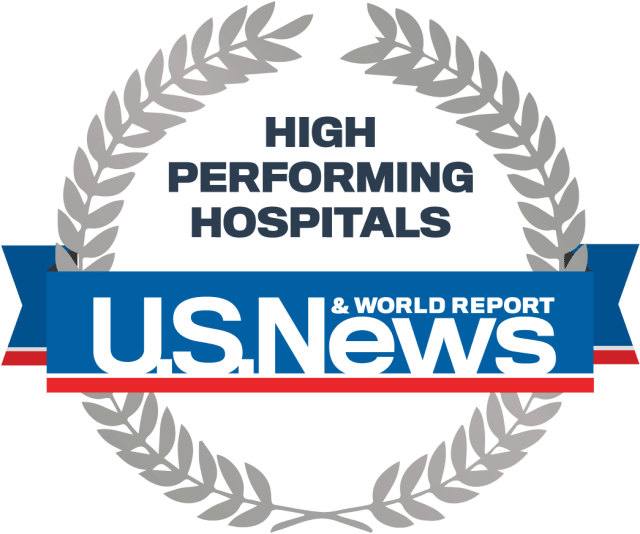 blue, white and gray U.S. News and World Report high performing hospitals badge