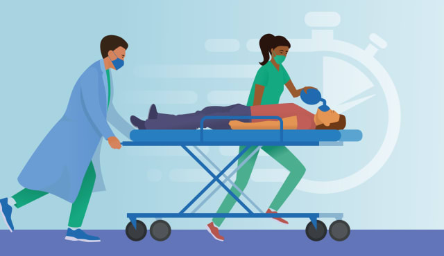 Illustrative image of a person laying on a stretcher and medical staff pushing the patient presumably to a place for care. A stopwatch illustrating the importance of time is in the background. 