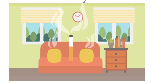 cartoon image of a smoking cigarette butt sitting on a couch in a living room