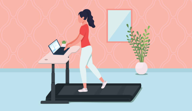 Illustration of woman walking on desk treadmill