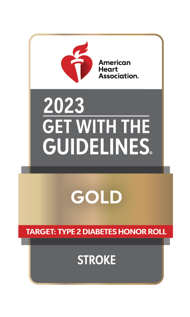 2023 get with the guidelines gold and gray logo image for stroke with red ribbon saying "target type 2 diabetes honor roll"