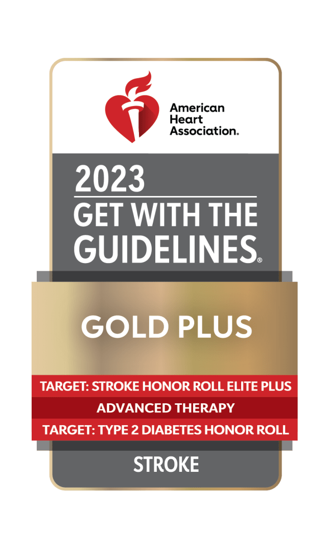 2023 get with the guidelines gray and gold stroke award logo with red ribbons highlighting "target stroke honor roll elite plus," "advanced therapy" and "target type 2 diabetes honor roll"