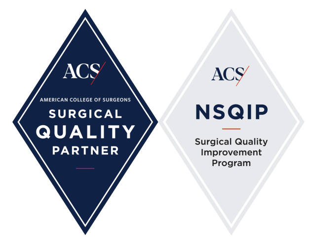 Blue diamond badge award reading "ACS - American College of Surgeons - Surgical Quality Partner" and gray diamond badge award reading "ACS - NSQIP - Surgical Quality Improvement Program"