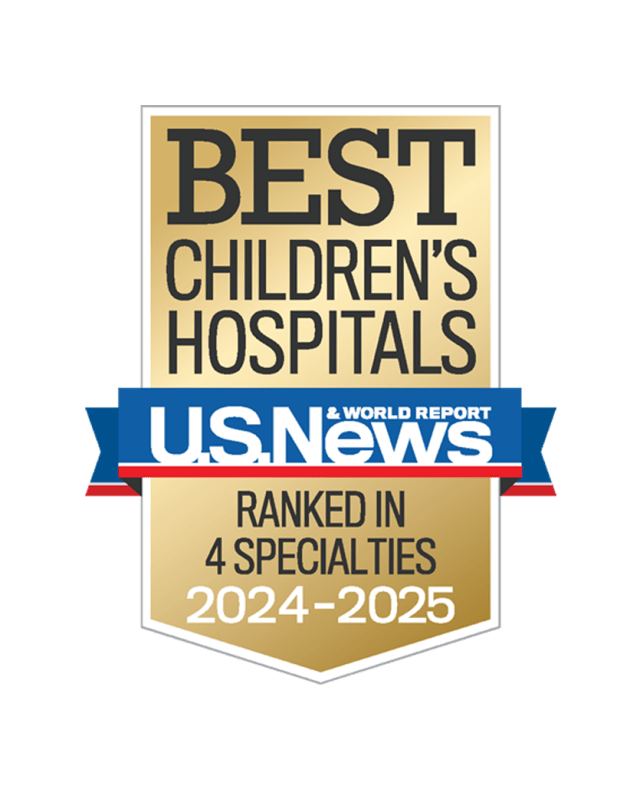 Gold, blue and red colored award badge reading "BEST CHILDREN'S HOSPITALS, U.S. News and World Report, Ranked in 4 Specialties"