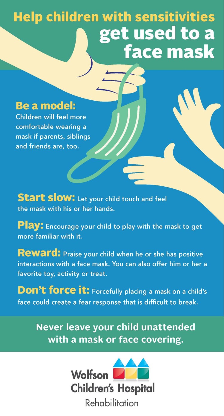 infographic with tips for helping children with sensitivities wear face masks