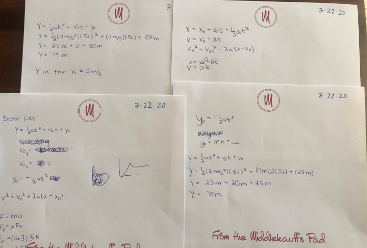 brain tumor patient Bender Middlekauff shows his physics calculations post-surgery