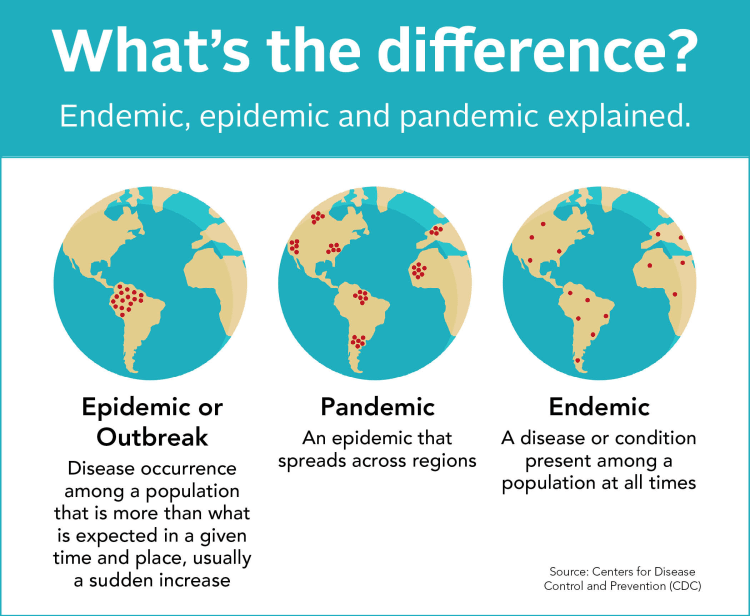 Infographic explaining the differences between an epidemic or outbreak, pandemic, and endemic