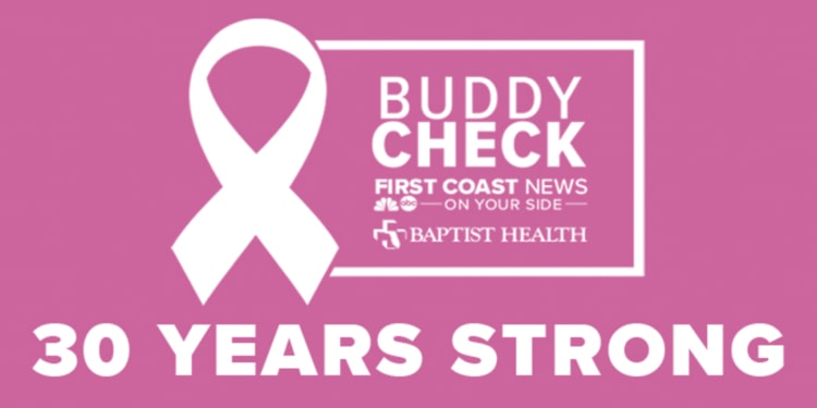 buddy check, first coast news, baptist health pink logo with text below that says "30 years strong"