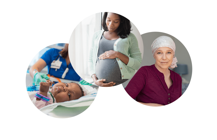 a collage of three photos: baby, pregnant woman and female cancer patient.