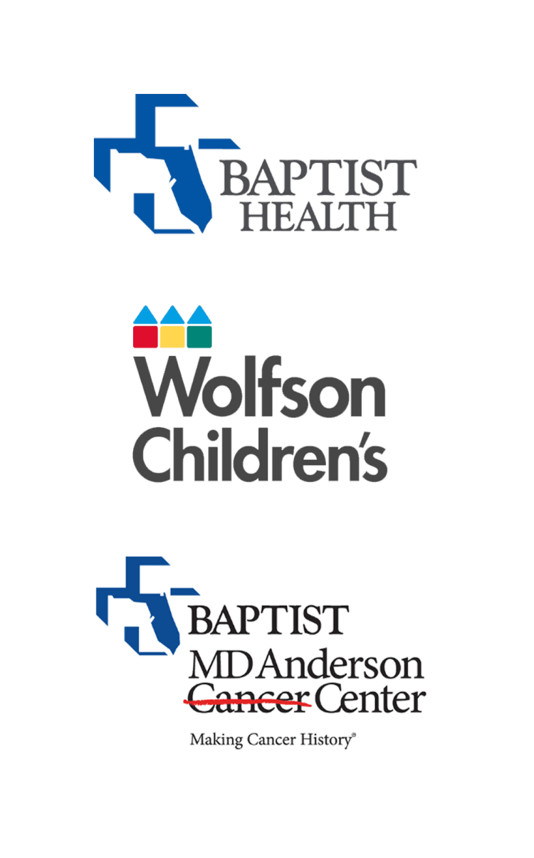 stacked logos for Baptist Health, Wolfson Chridlren's and Baptist MD Anderson