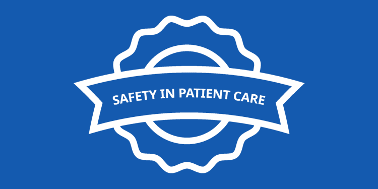 white outline of an award with "Safety in Patient Care"  written on it on a blue background