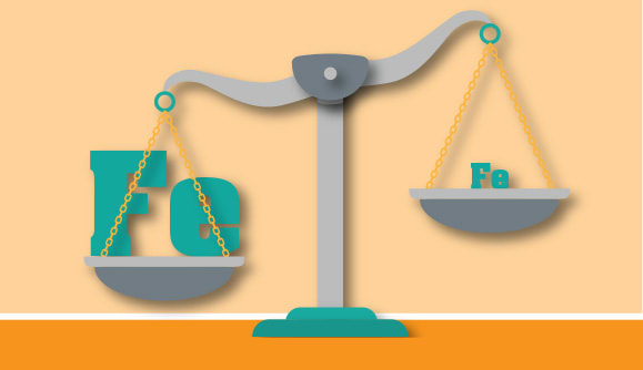 A graphic showing a scale weighing a lot of iron and a little iron