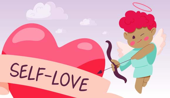 cupid shooting an arrow at a heart with a self love banner