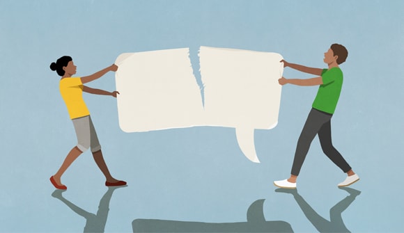 Two cartoon people pulling apart a conversation bubble