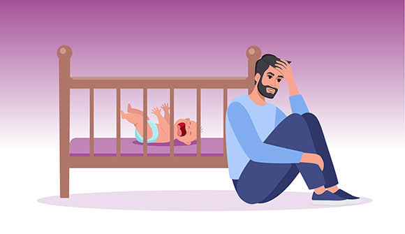 Frustrated parent sitting next to crib with a infant crying in it