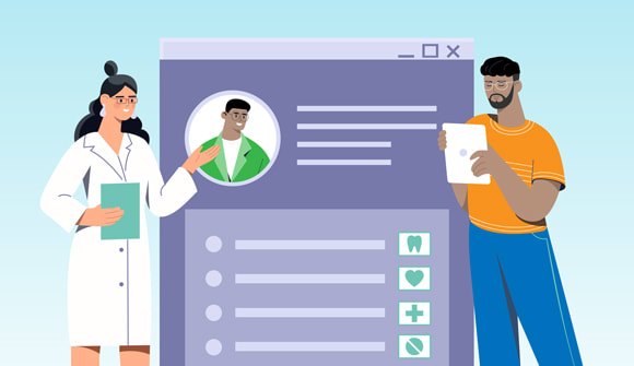 A graphic showing a checklist with a doctor and a patient