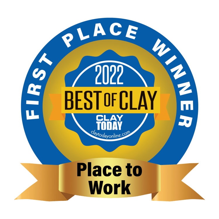 award logo that says First Place Winner for Place to Work, 2022 Best of Clay, from Clay Today newspaper