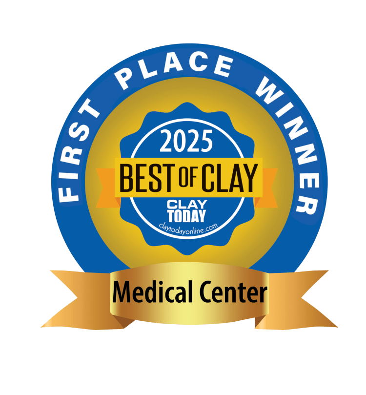 award logo that says First Place Winner for Medical Center, 2025 Best of Clay, from Clay Today newspaper.