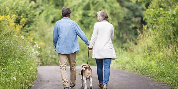 a senior couple walking on a tree lined trail holding hands walking their dog.