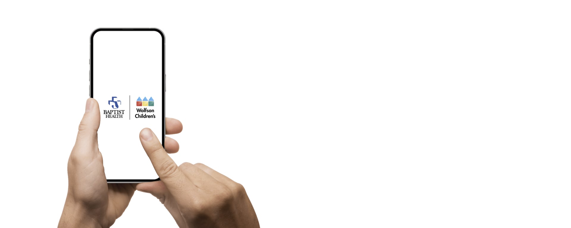 two hands holding a smart phone with the Baptist Health and Wolfson Children's logos on the screen.
