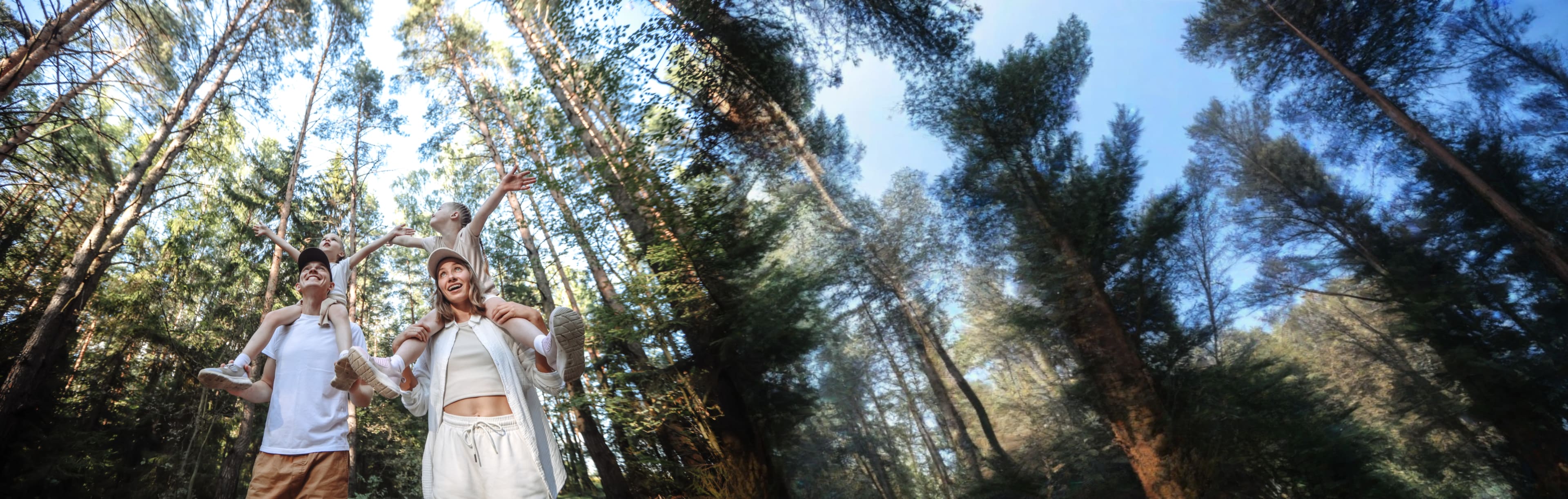 mom and dad with two school age girls on their shoulders enjoying their time in a pine tree area of their neighborhood.