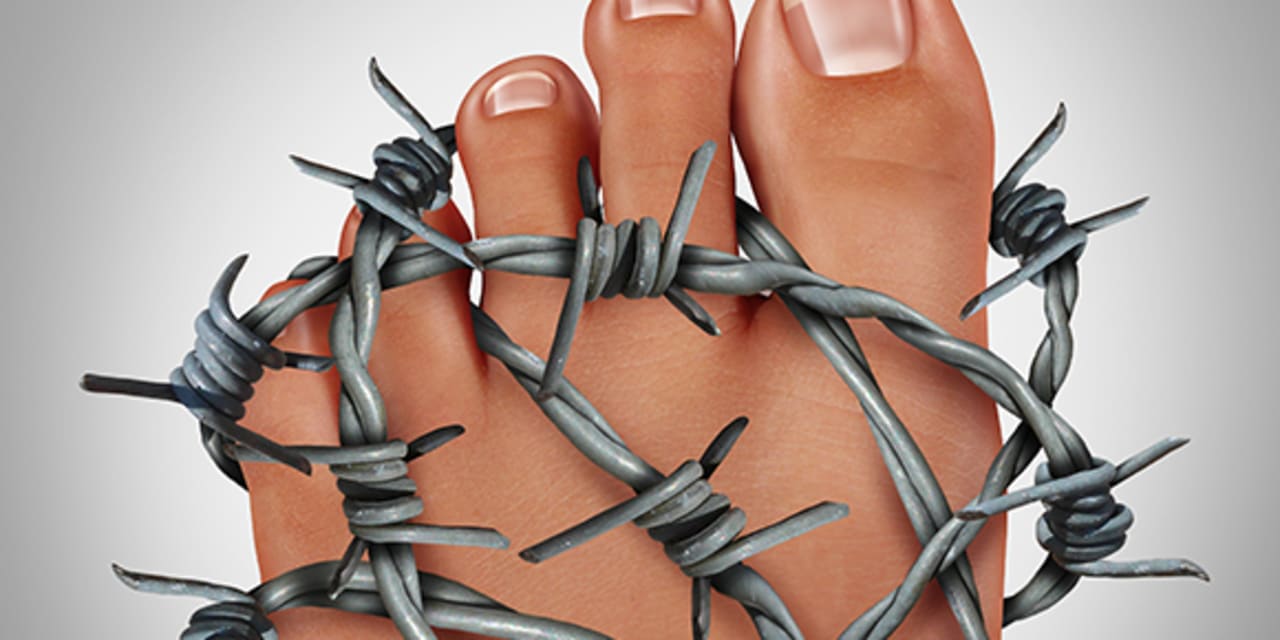 Graphic depicting a muscle cramp with barbed wire around a foot