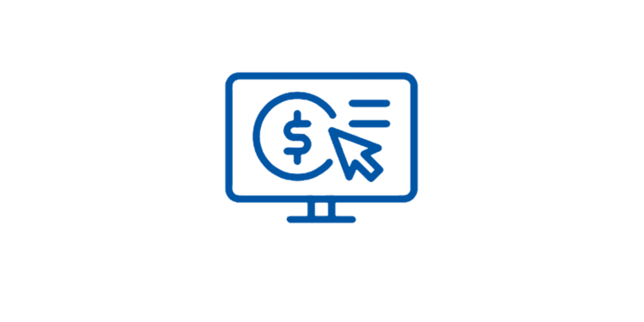 icon of a computer monitor that has a mouse arrow and a dollar sign on it
