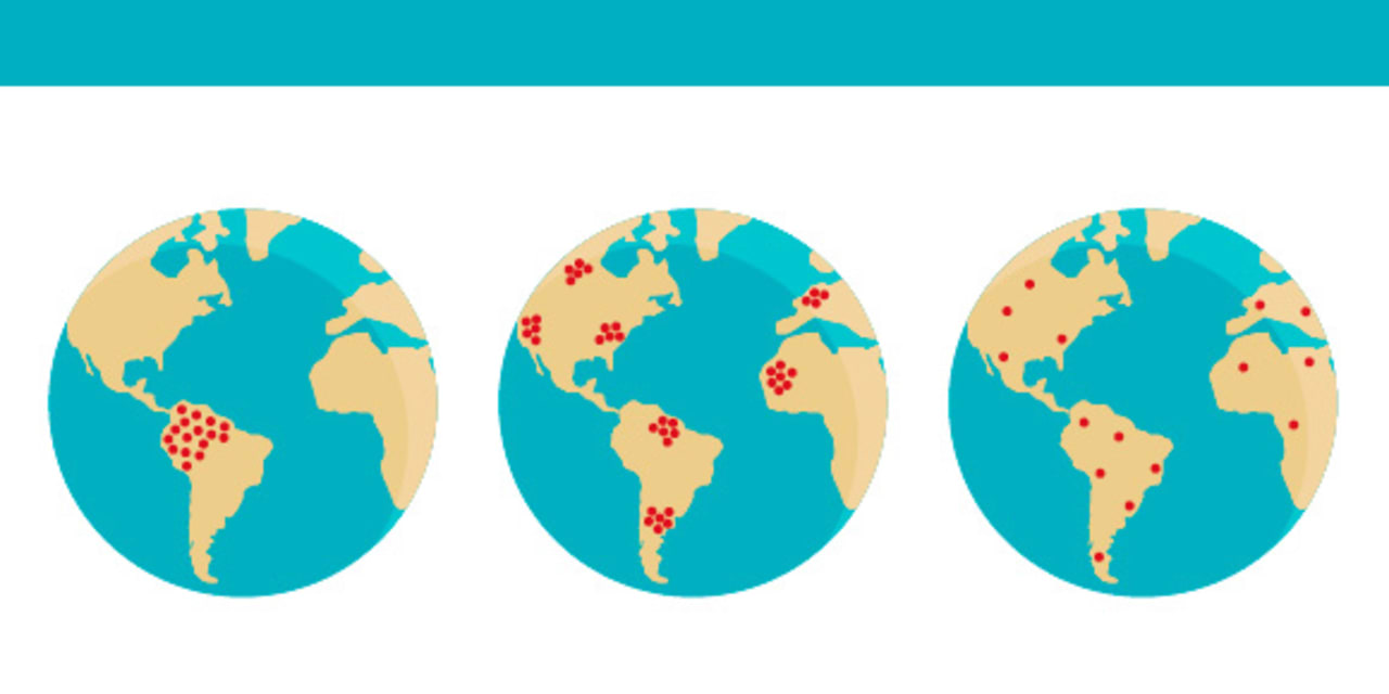 three images of globes with red dots depicting endemics, pandemics and epidemics