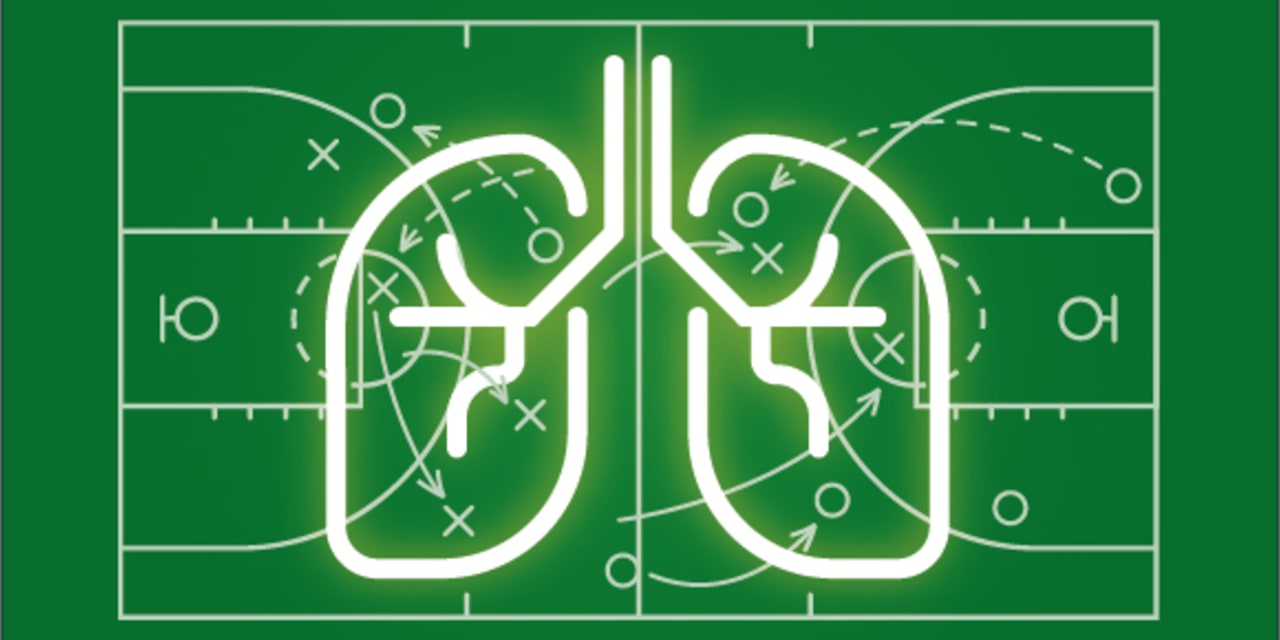 Green graphic of lungs overlaid over sports field.