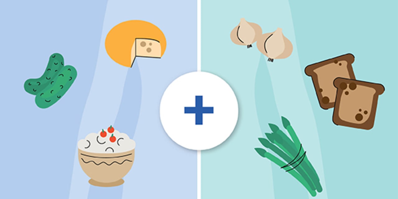 illustration of different foods: sour cream, pickles, cheese, garlic, toast and asparagus