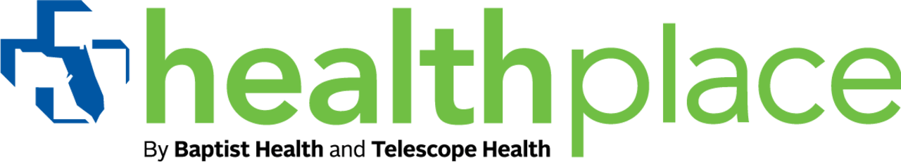 graphic logo that says "Health Place powered by Baptist Health and Telescope Health"