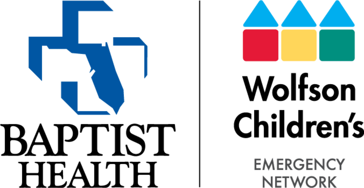 Side-by-side logos of Baptist Health of Northeast Florida and Wolfson Children's emergency network.