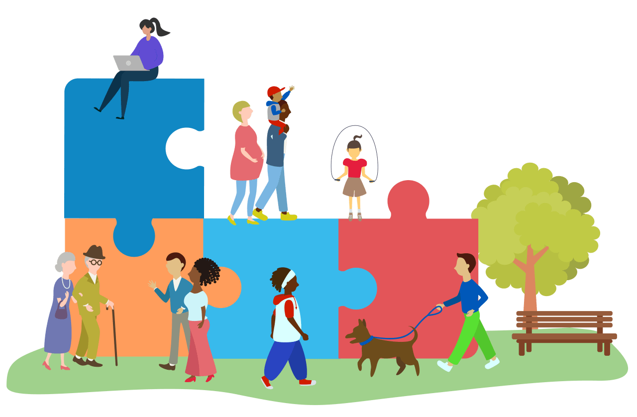 tiny illustrated people doing different activities in front of puzzle pieces