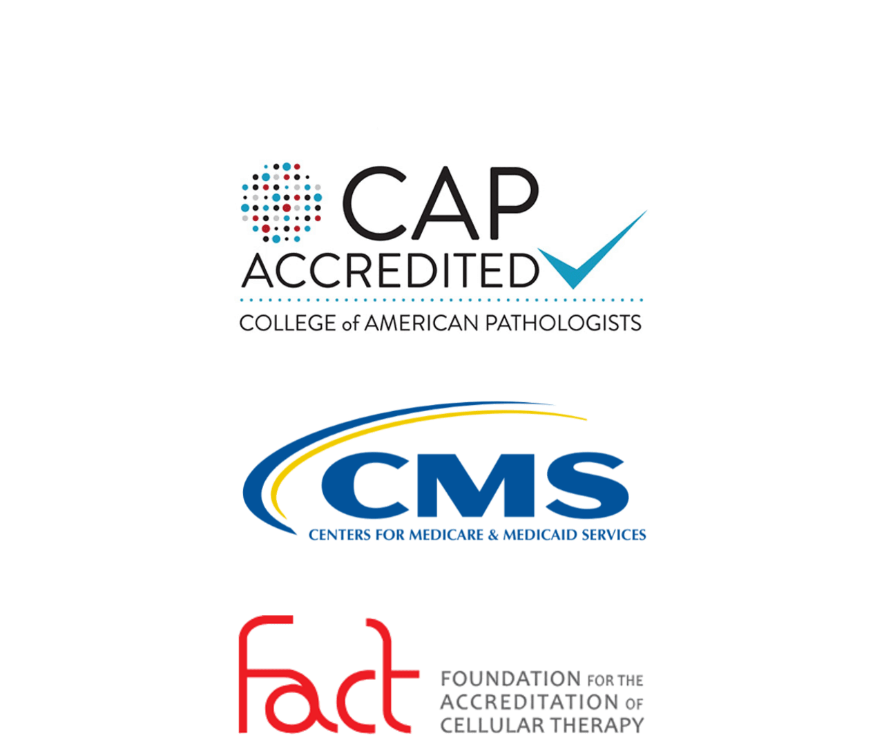three logos of the accreditation organizations that read "CAP Accredited College of American Pathologists" "CMS Centers for Medicare and Medicaid Services" "FACT Foundation for the Accreditation of Cellular Therapy"