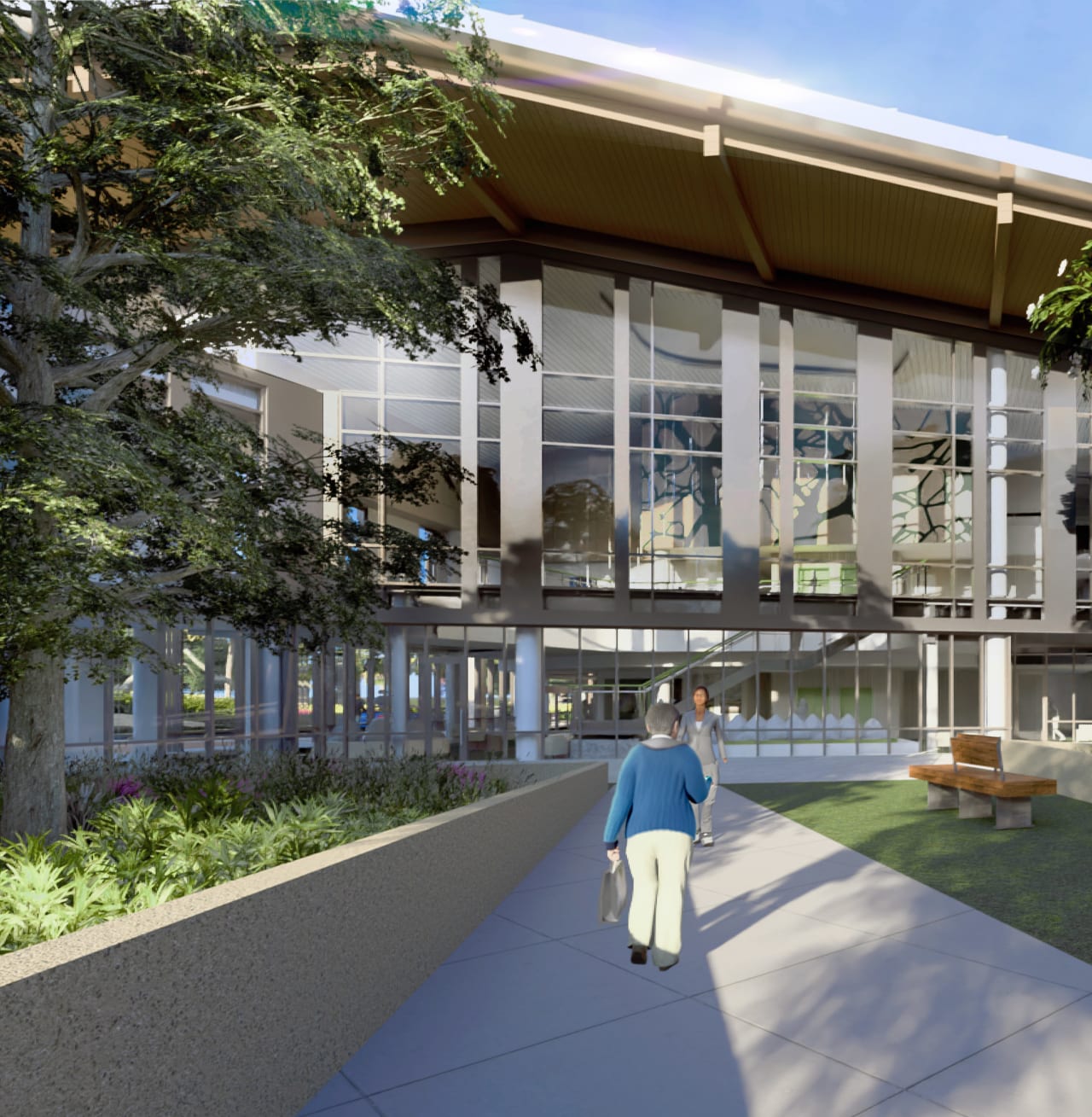 an artist rendition of the view walking through the tree-lined courtyard towards the glass-walled specialty care building.