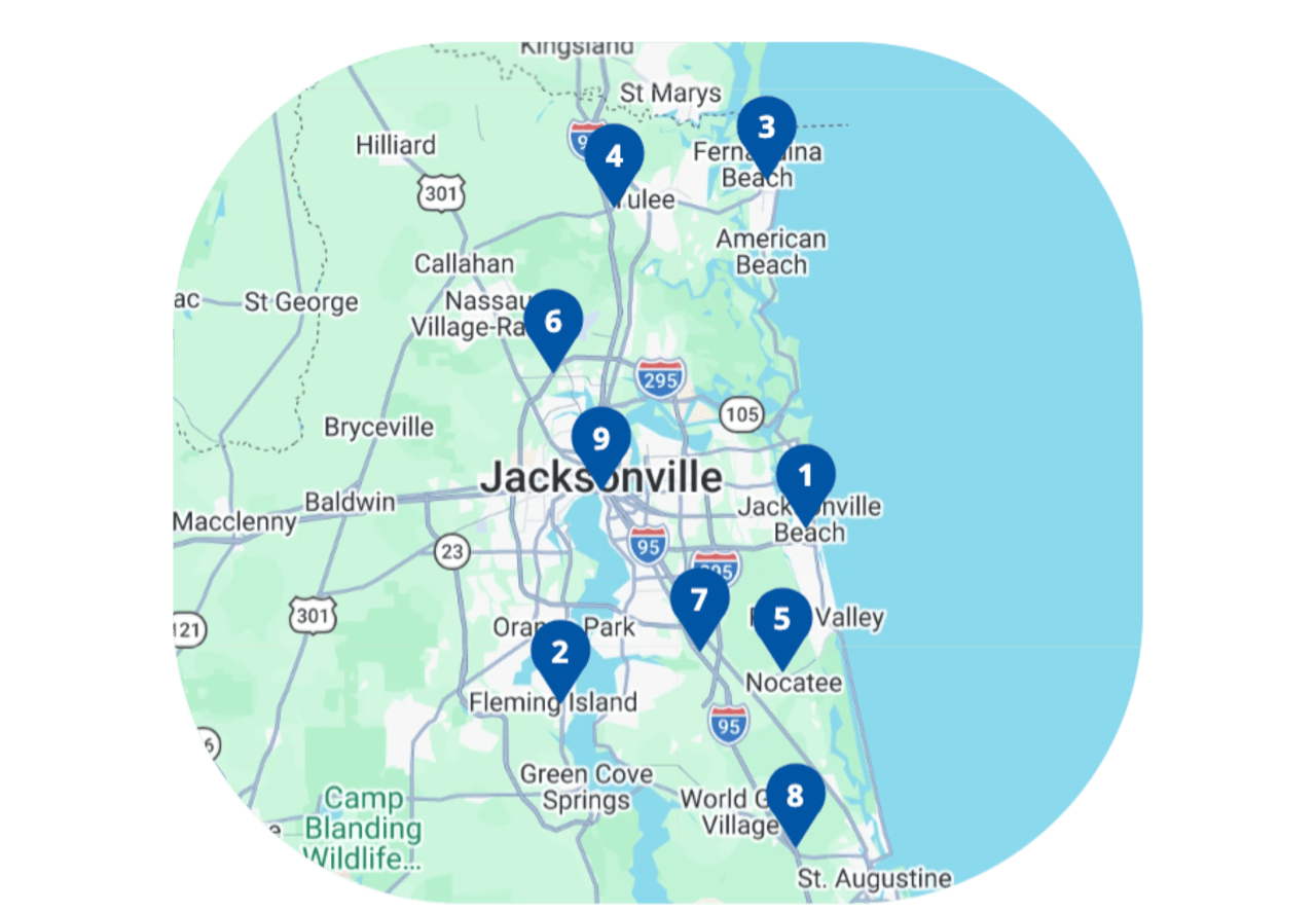 a map of the greater jacksonville area showing where the 9 Baptist Health mammogram locations are.
