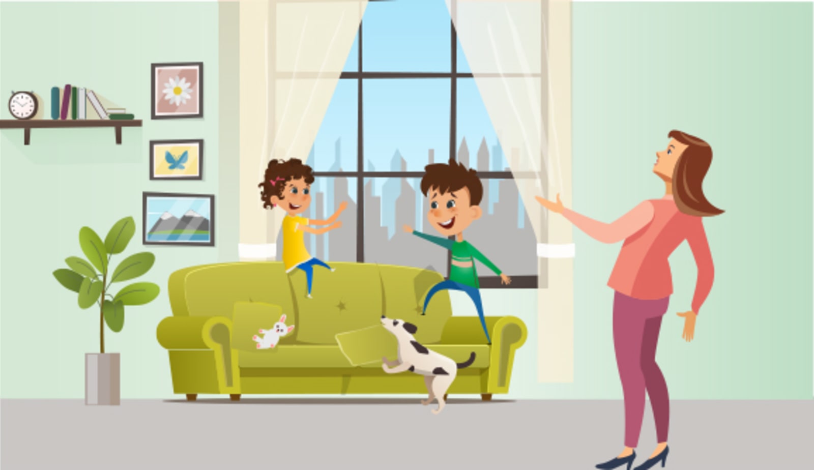 mom with children who are jumping on couch