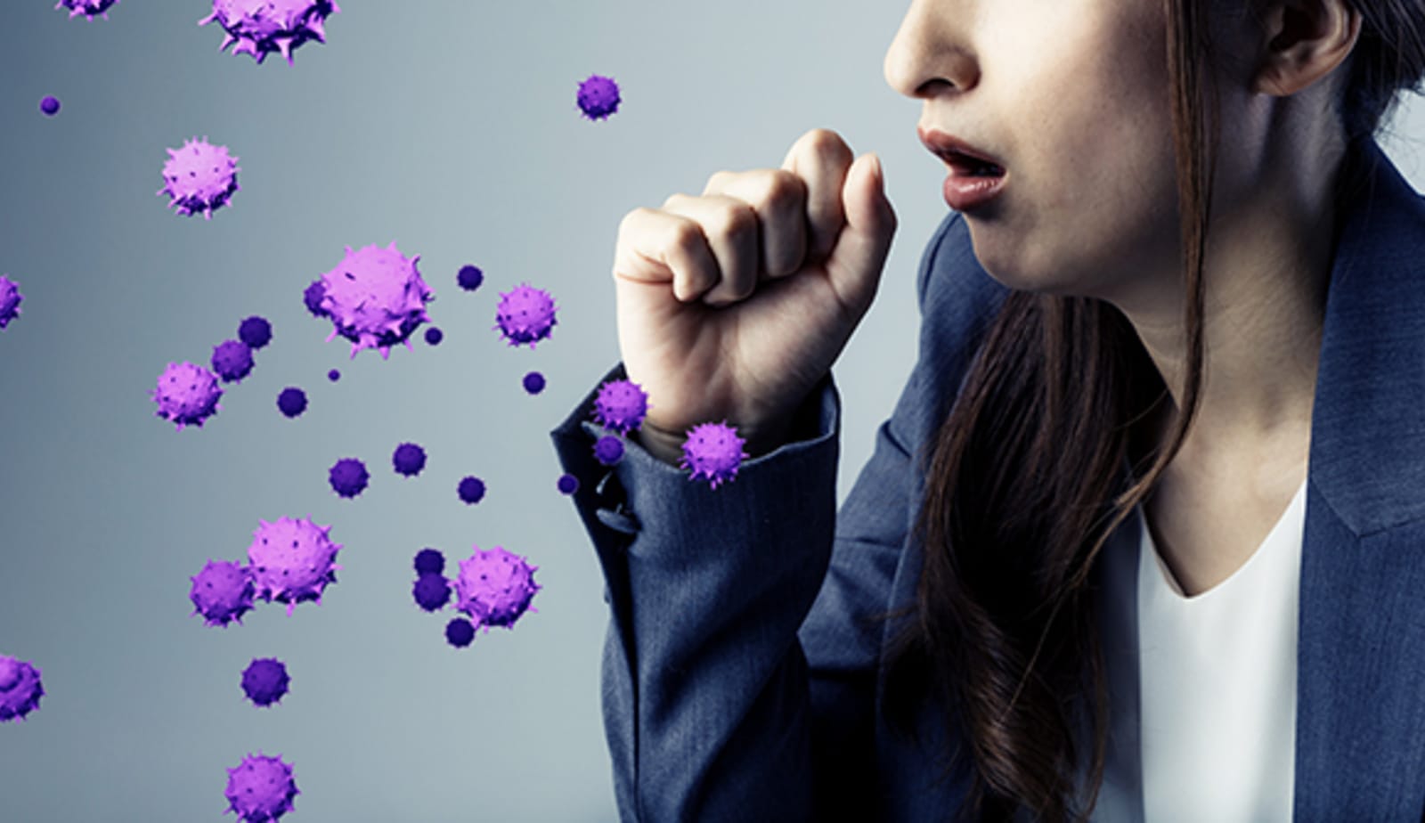 close up of woman coughing spreading cartoon germs