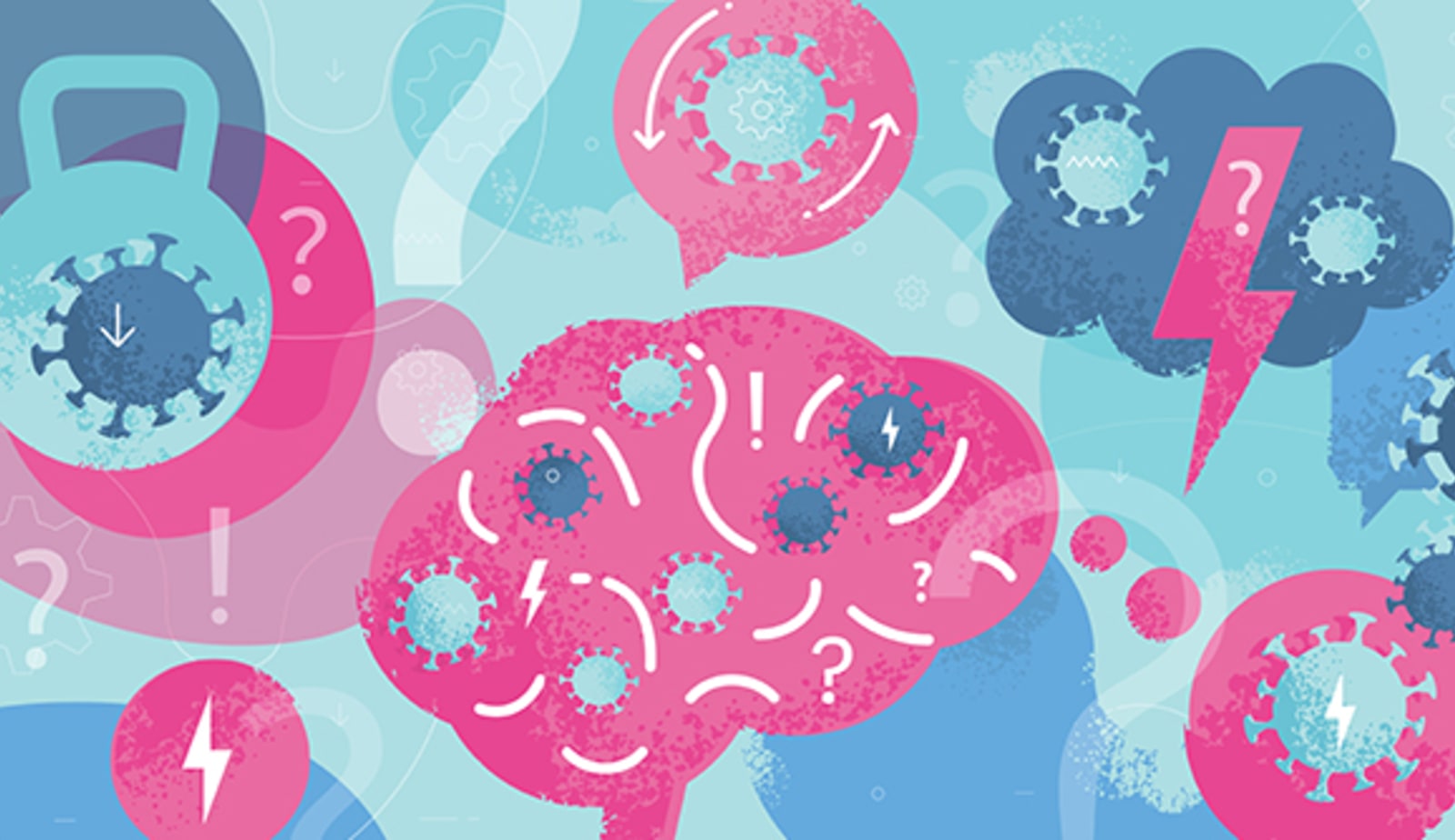 graphic of a brain with virus cells around it