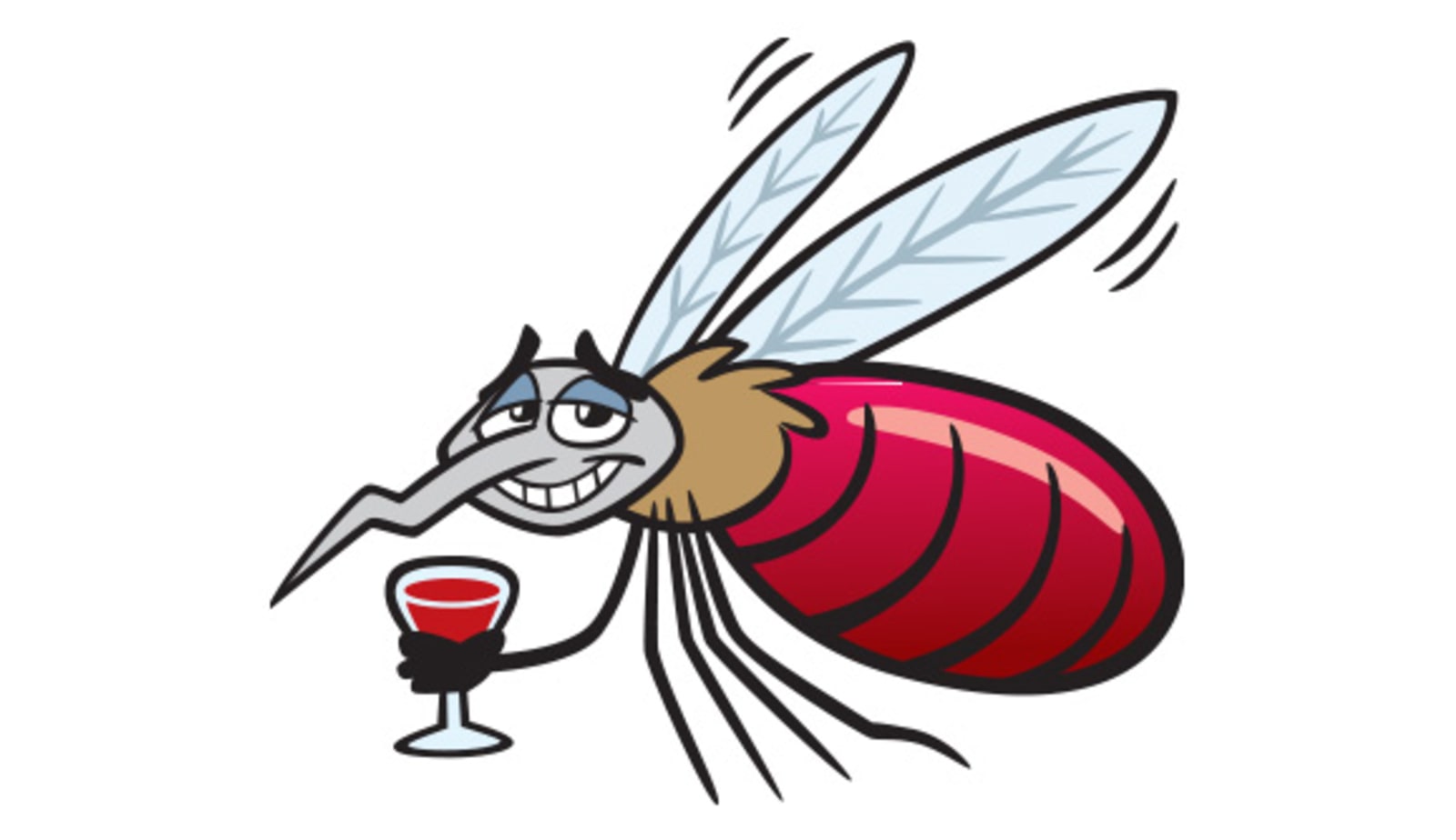 cartoon depiction of a mosquito holding a glass goblet filled with blood