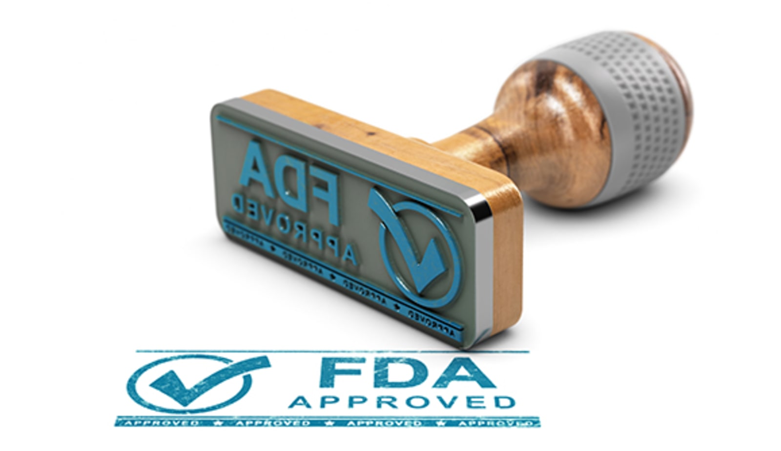 3D illustration of rubber stamp with the text FDA approved over white background.